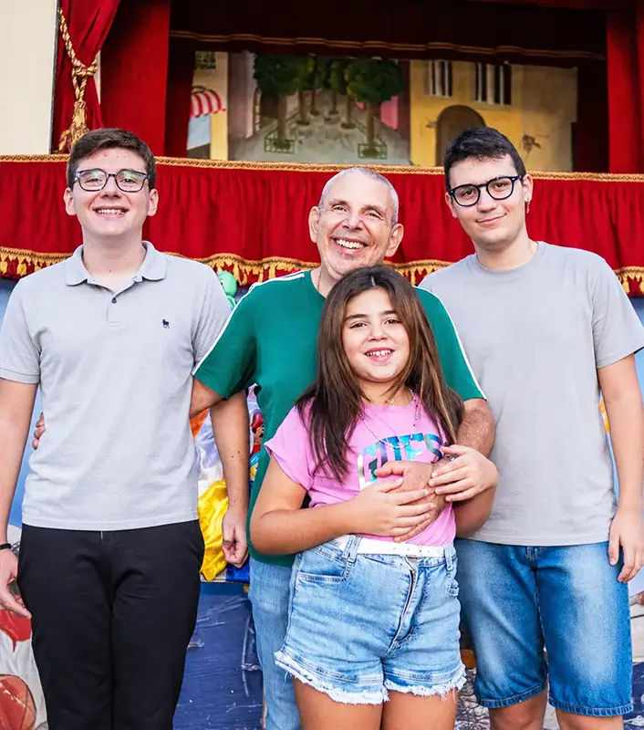The Mercurio family team during a travelling puppet show in the square