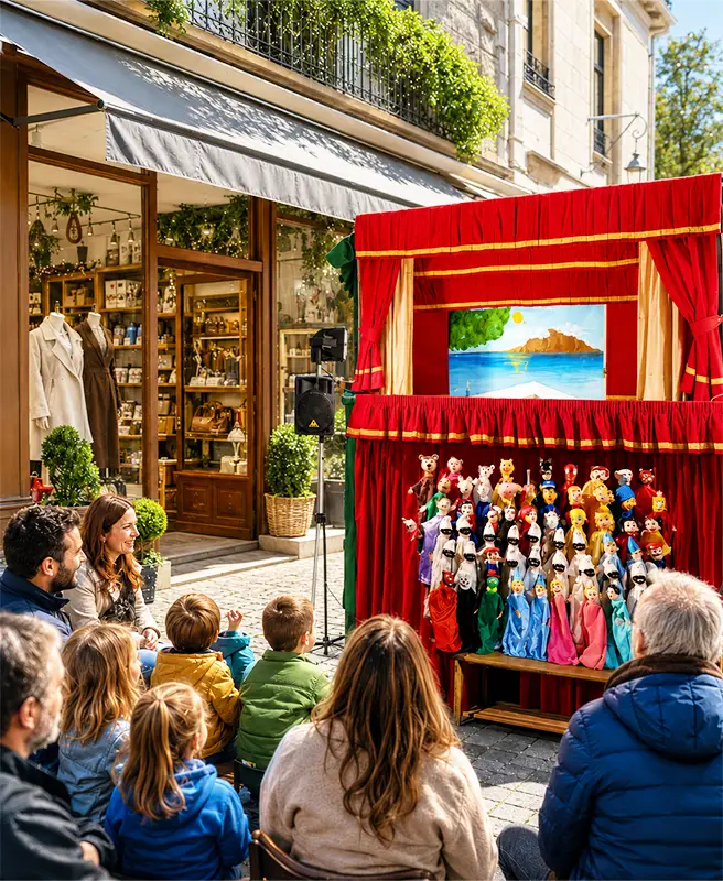 Mercurio Puppet Theatre entertaining the public at a commercial business event