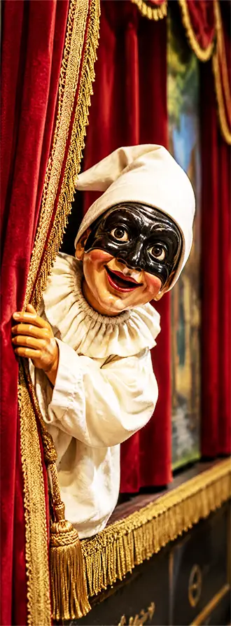 Pulcinella surprising the audience during a Mercurio Puppet Theatre show