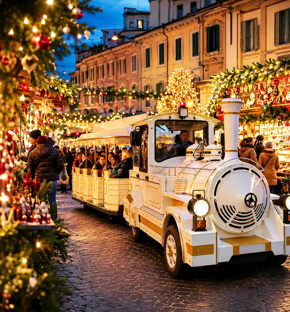 The Mercurio Train among the lights of the Christmas markets